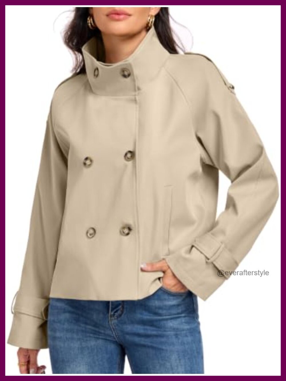 Womens Cropped Trench Coat Funnel Neck Double Breasted Fall Jacket Pockets
